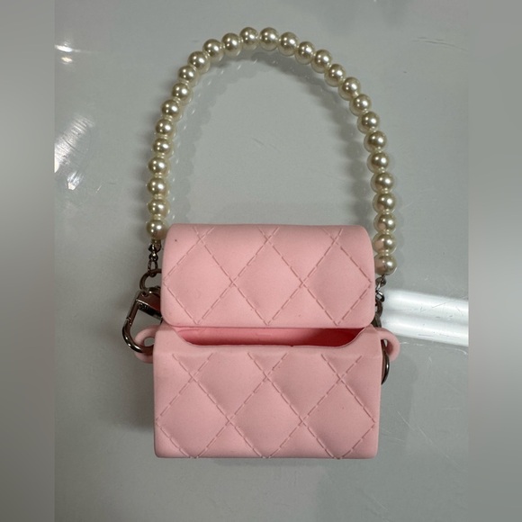 Other - Pink Quilted Mini Bag with Pearl Handle AirPods 3